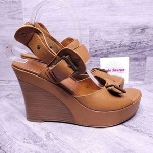 Via Spiga Leather Buckle Strap Wooden Wedge Sandal Camel Brown Women's sz 10